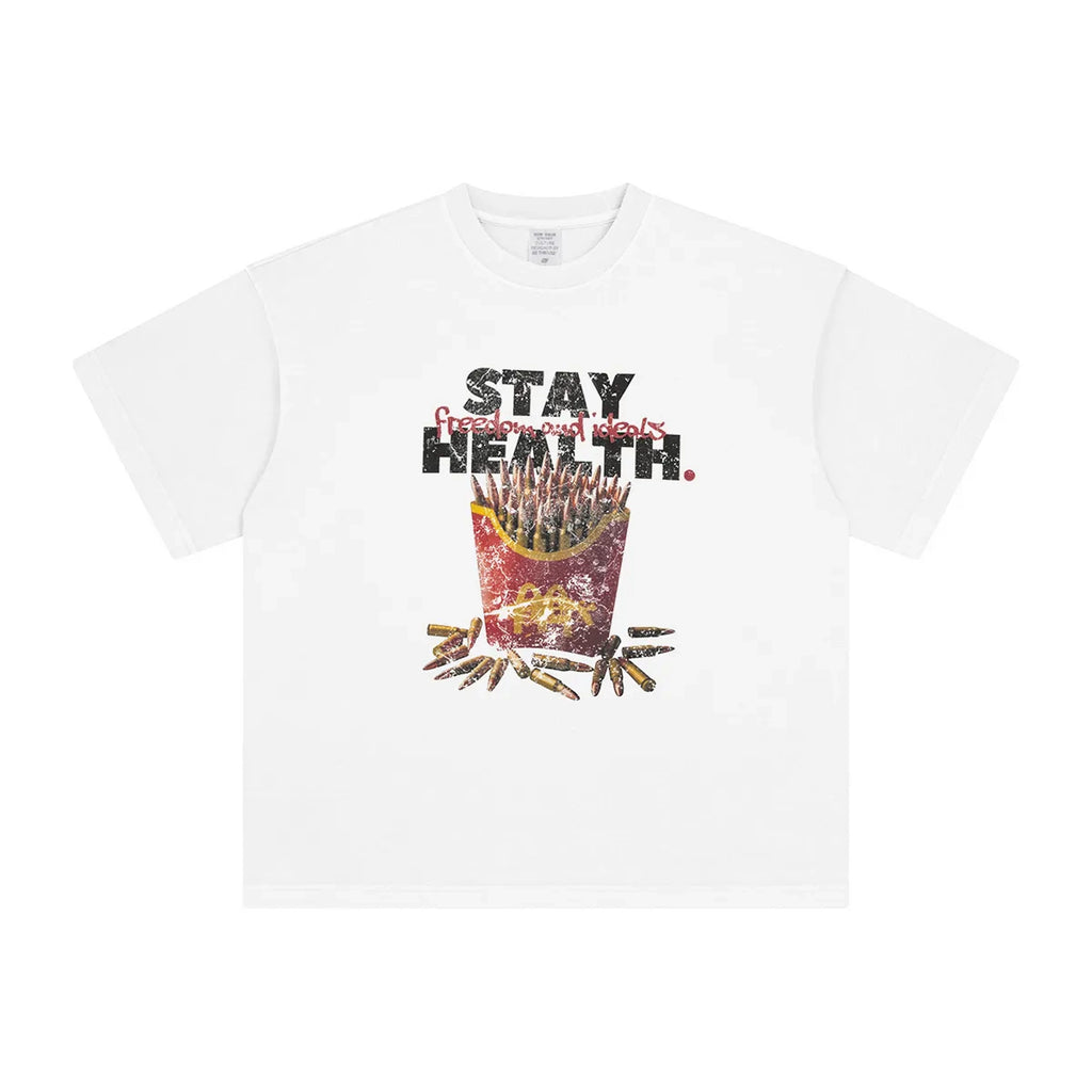 White t-shirt with a graphic of fries and text 'Stay Health' on a white background
