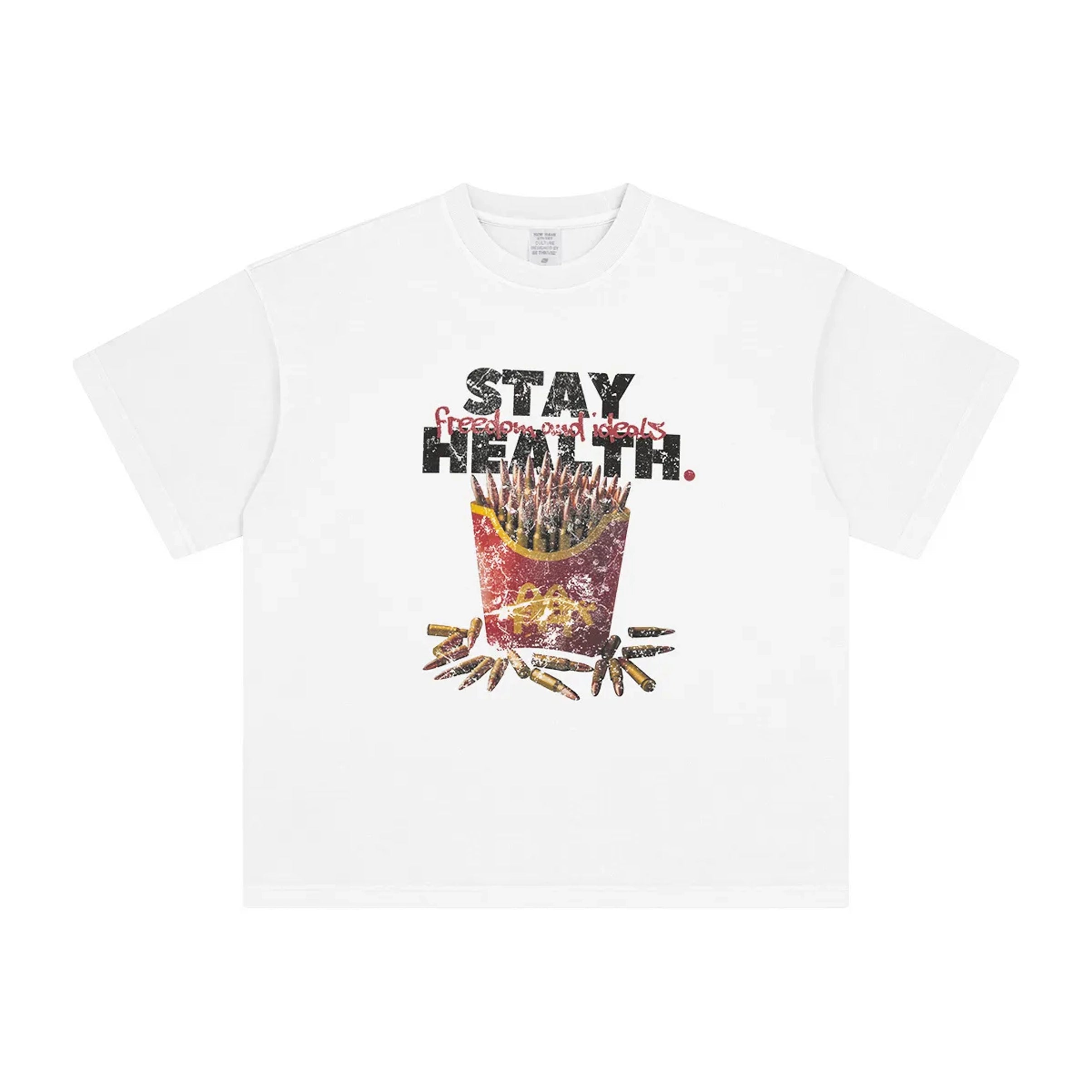 White t-shirt with a graphic of fries and text 'Stay Health' on a white background