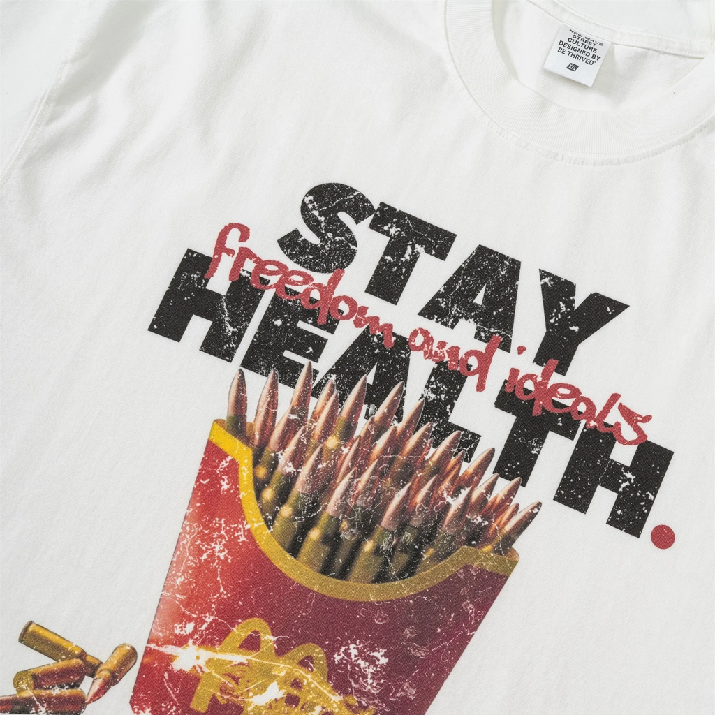 White t-shirt with graphic design featuring a bucket of fries and text on a white background