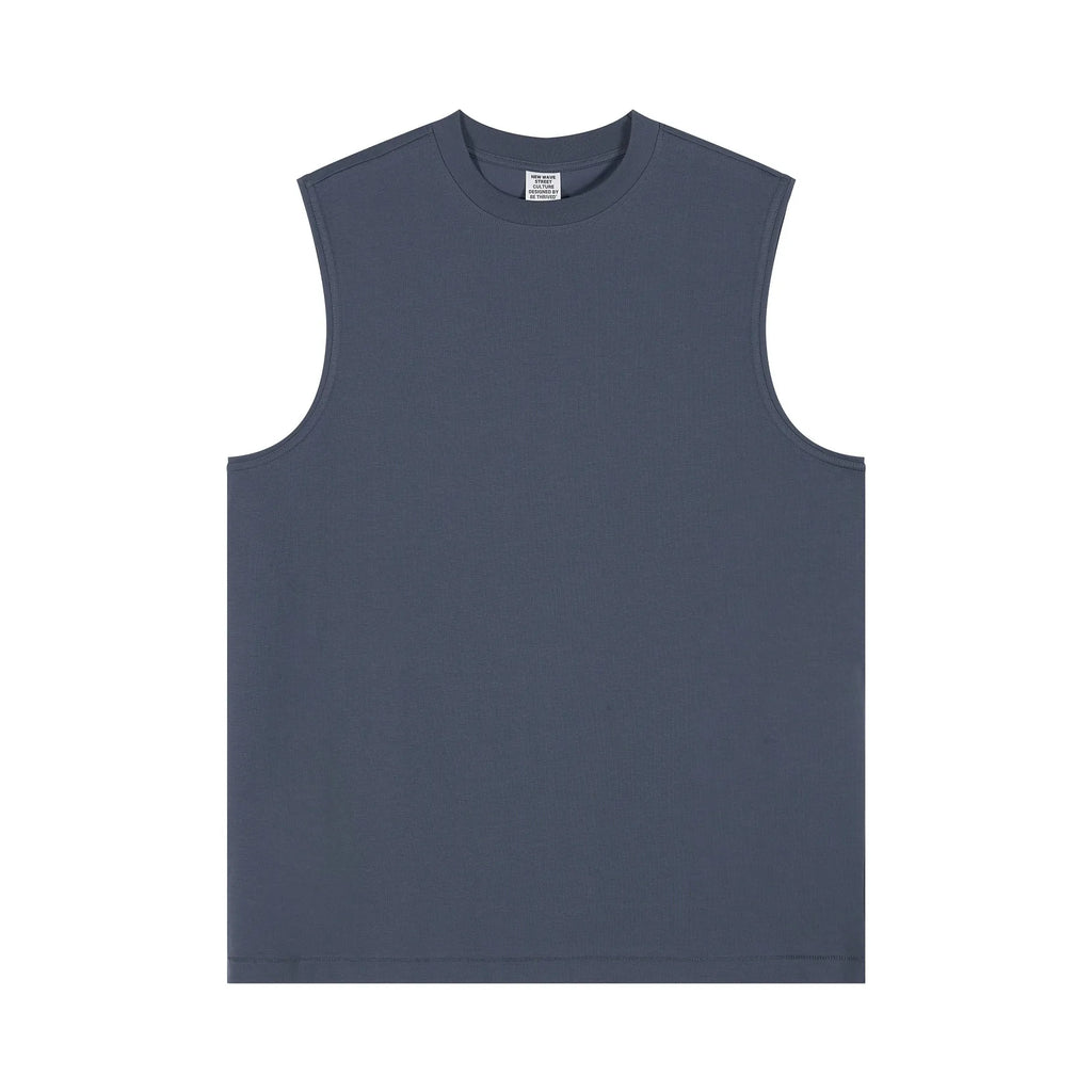 Plain dark blue sleeveless shirt on a white background