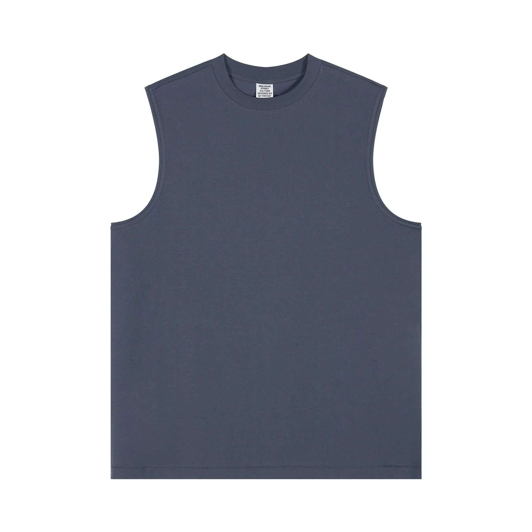 Plain dark blue sleeveless shirt on a white background