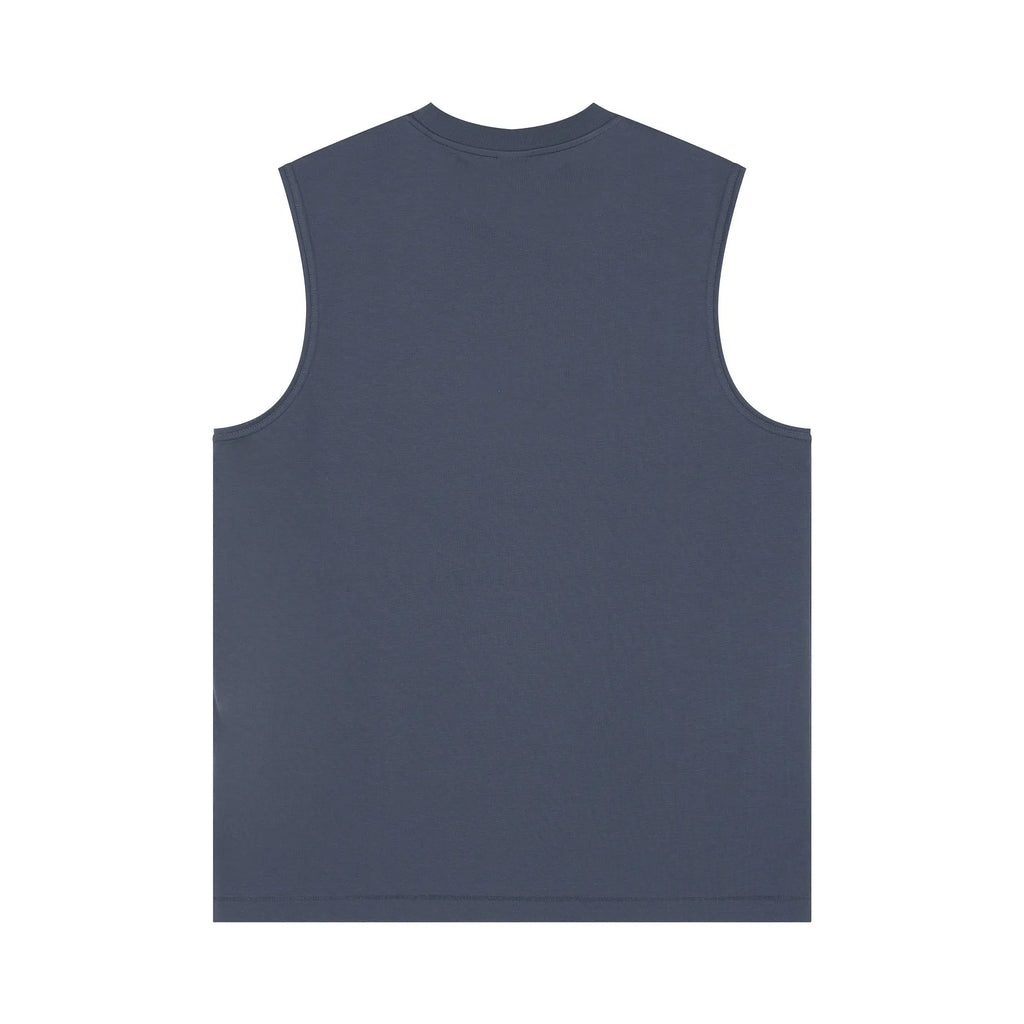 Plain navy blue sleeveless shirt on a white background