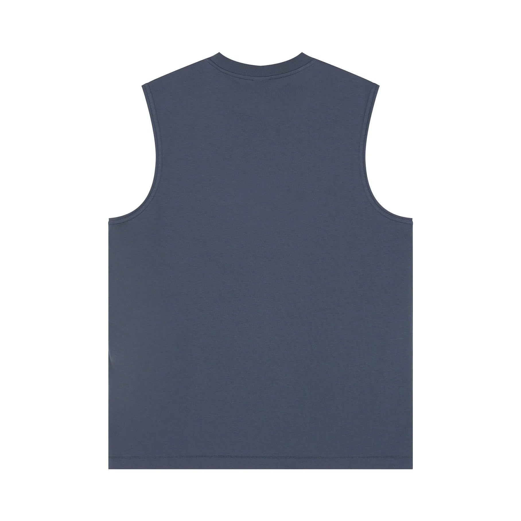 Plain navy blue sleeveless shirt on a white background