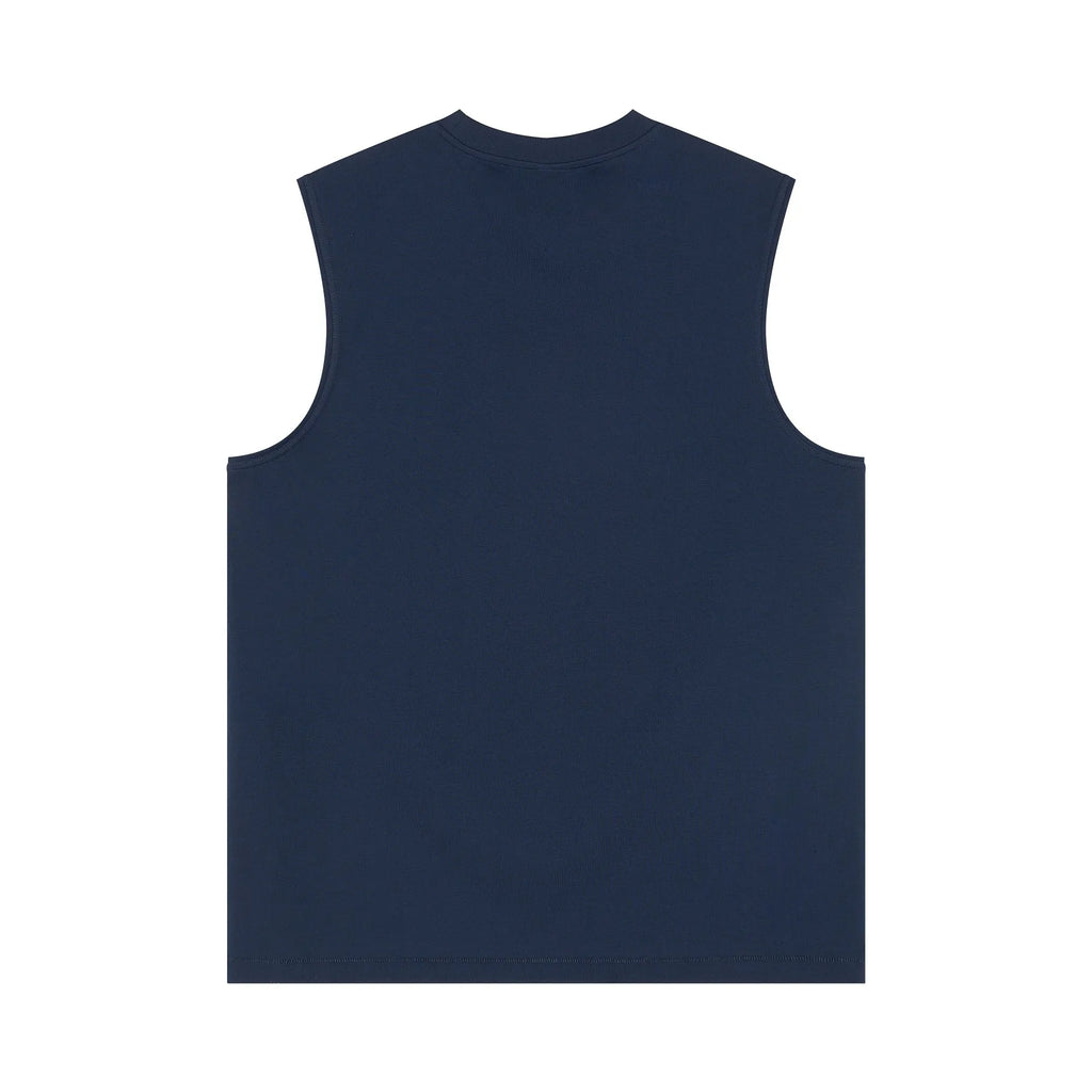 Navy blue sleeveless shirt on a white background