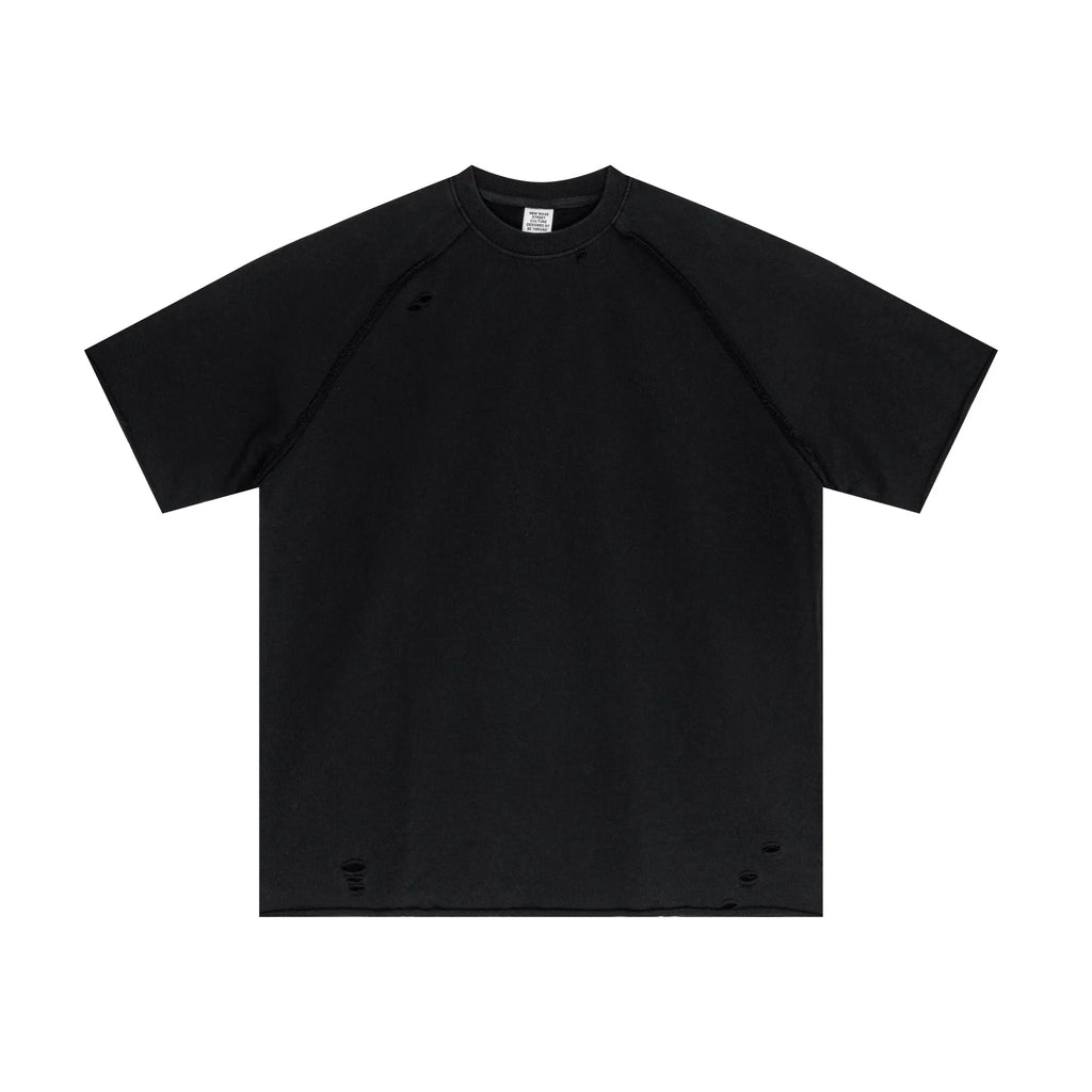 Black t-shirt with distressed details on a white background