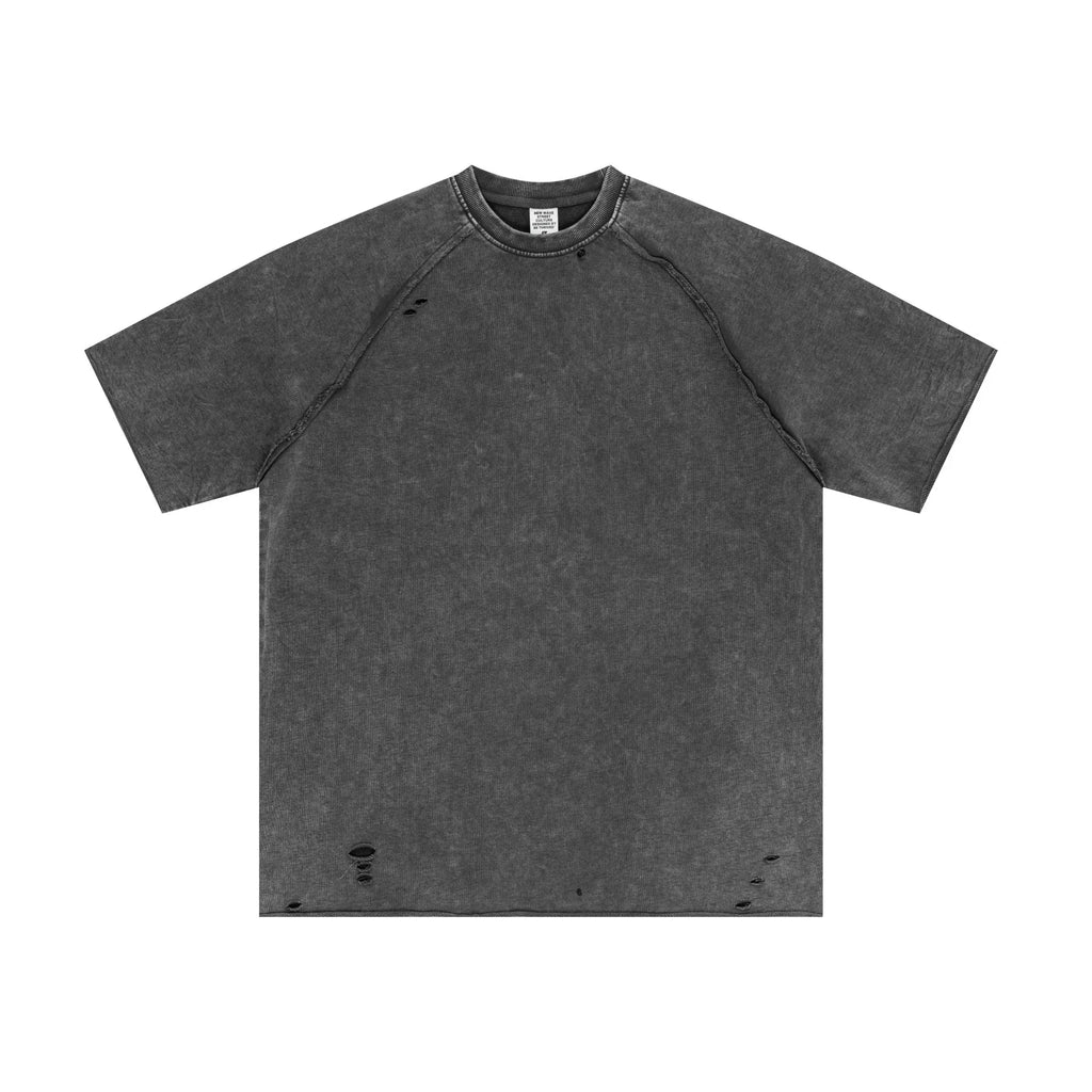 Gray t-shirt with distressed details on a white background