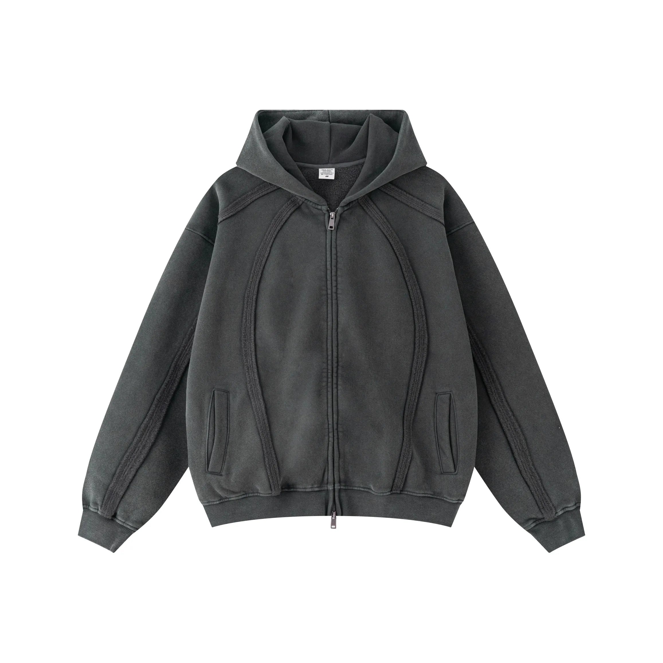 Dark gray hoodie with a zipper on a white background