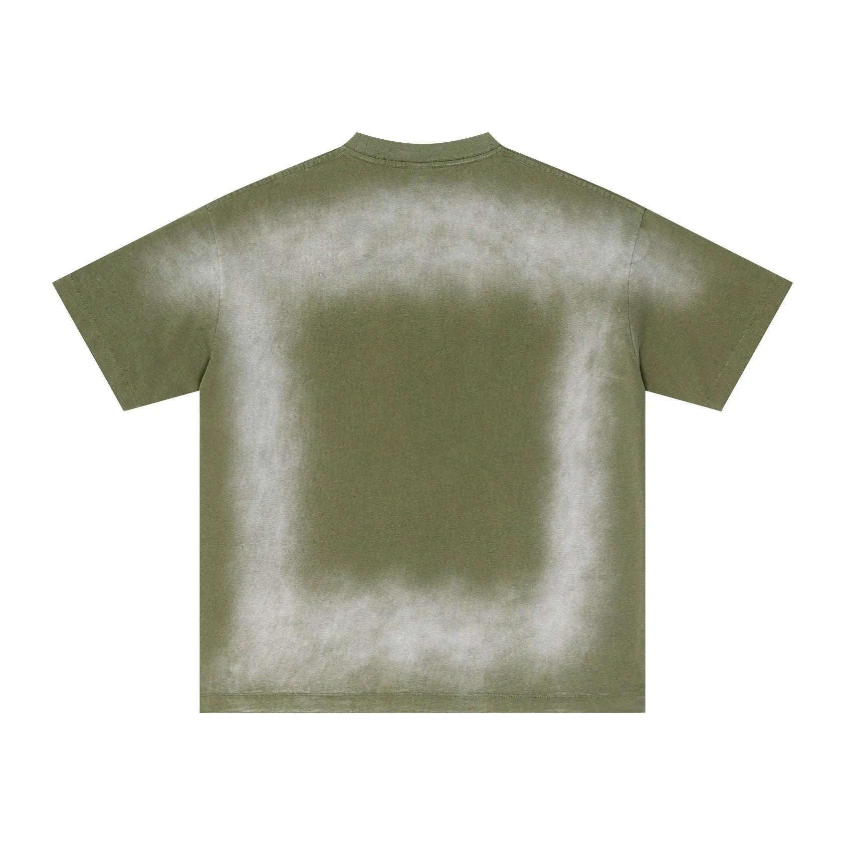 Green t-shirt with a large dark spot on the back against a white background