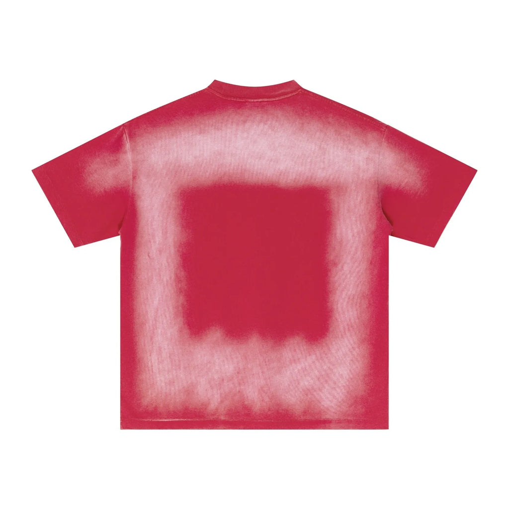 Red t-shirt with a white abstract design on a white background