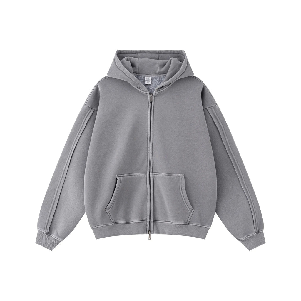 Gray hoodie with a zipper on a white background