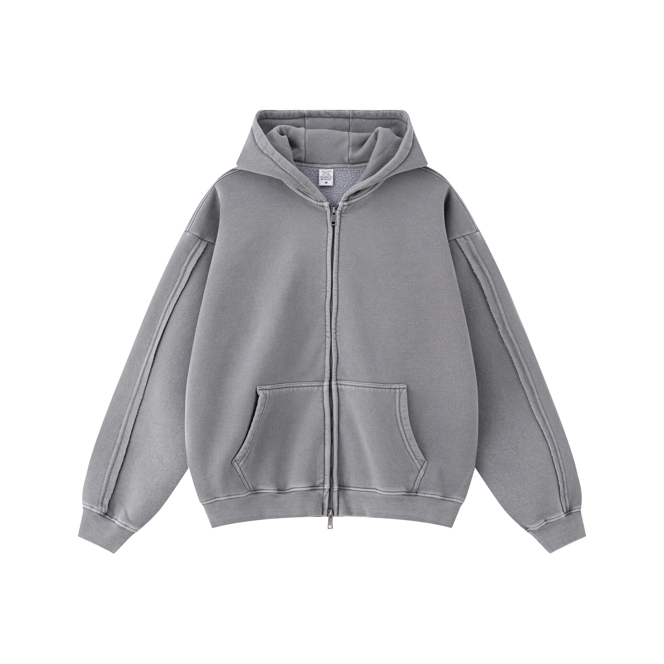 Gray hoodie with a zipper on a white background