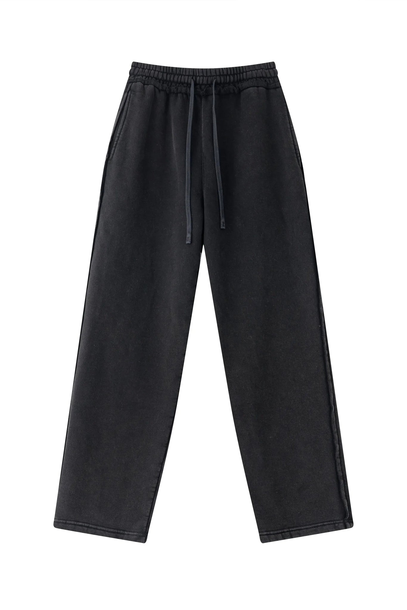 Black pants with a drawstring on a white background