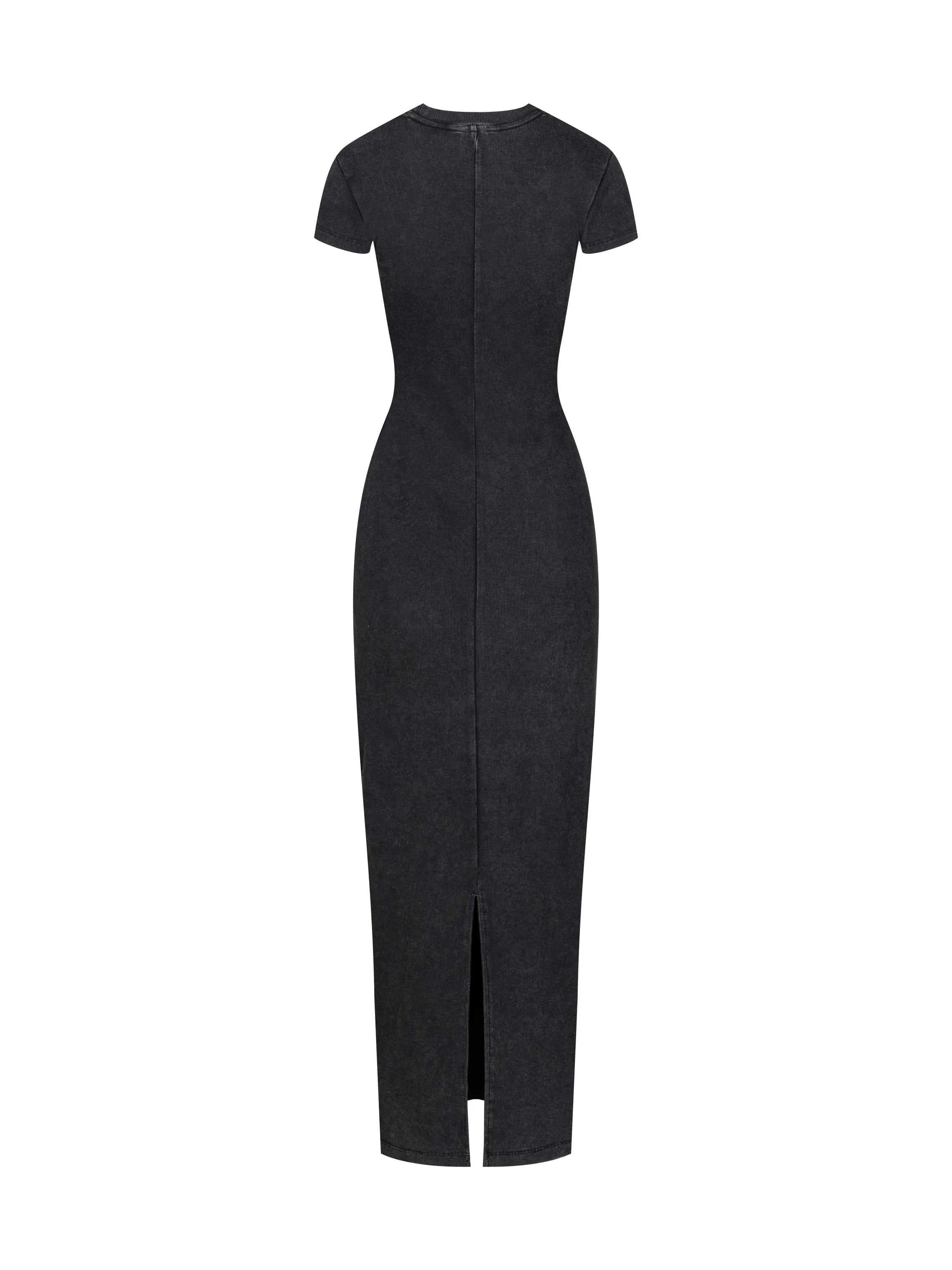 Black dress with a front slit on a white background