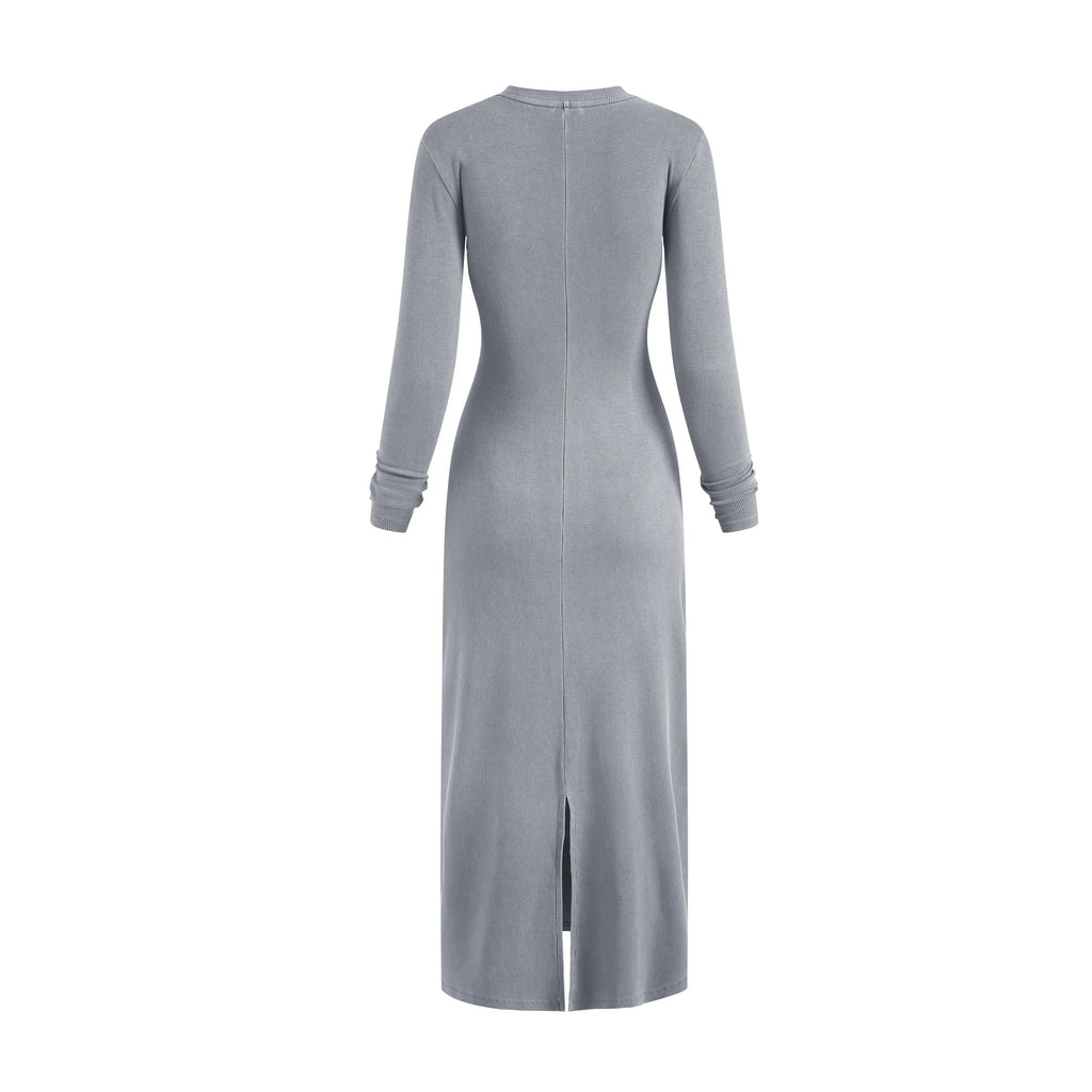Gray ribbed dress with long sleeves on a white background