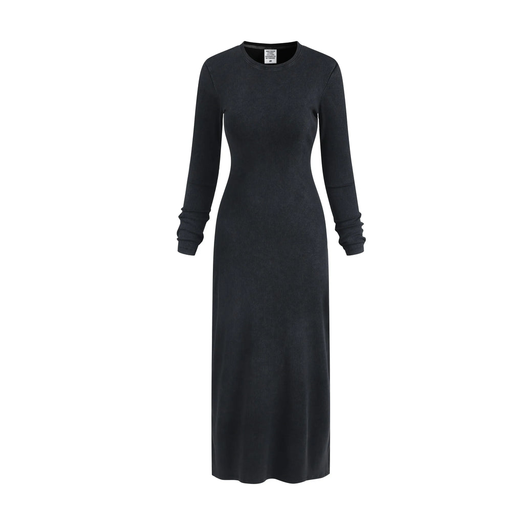 Black long-sleeve dress on a white background