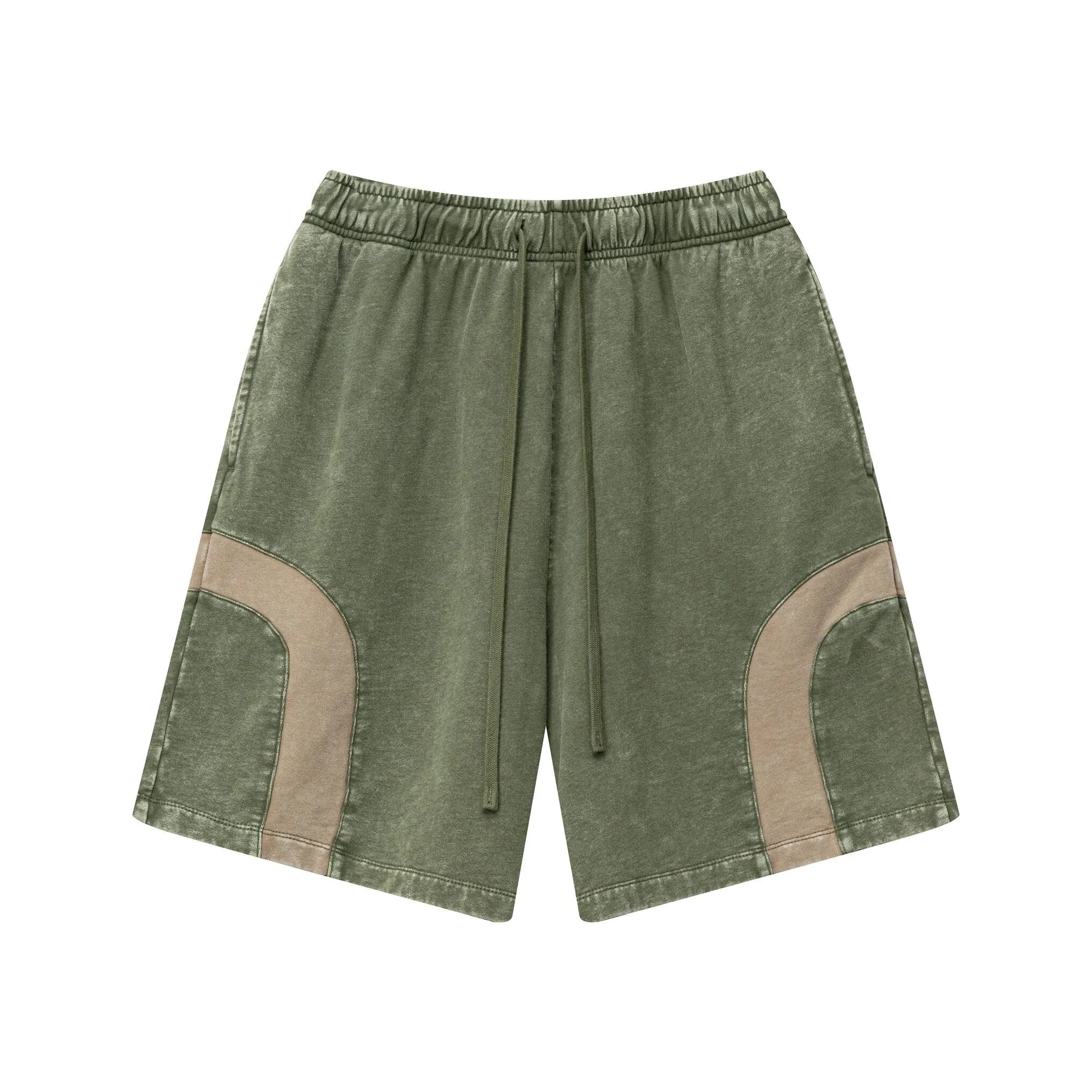 Green shorts with brown accents on a white background