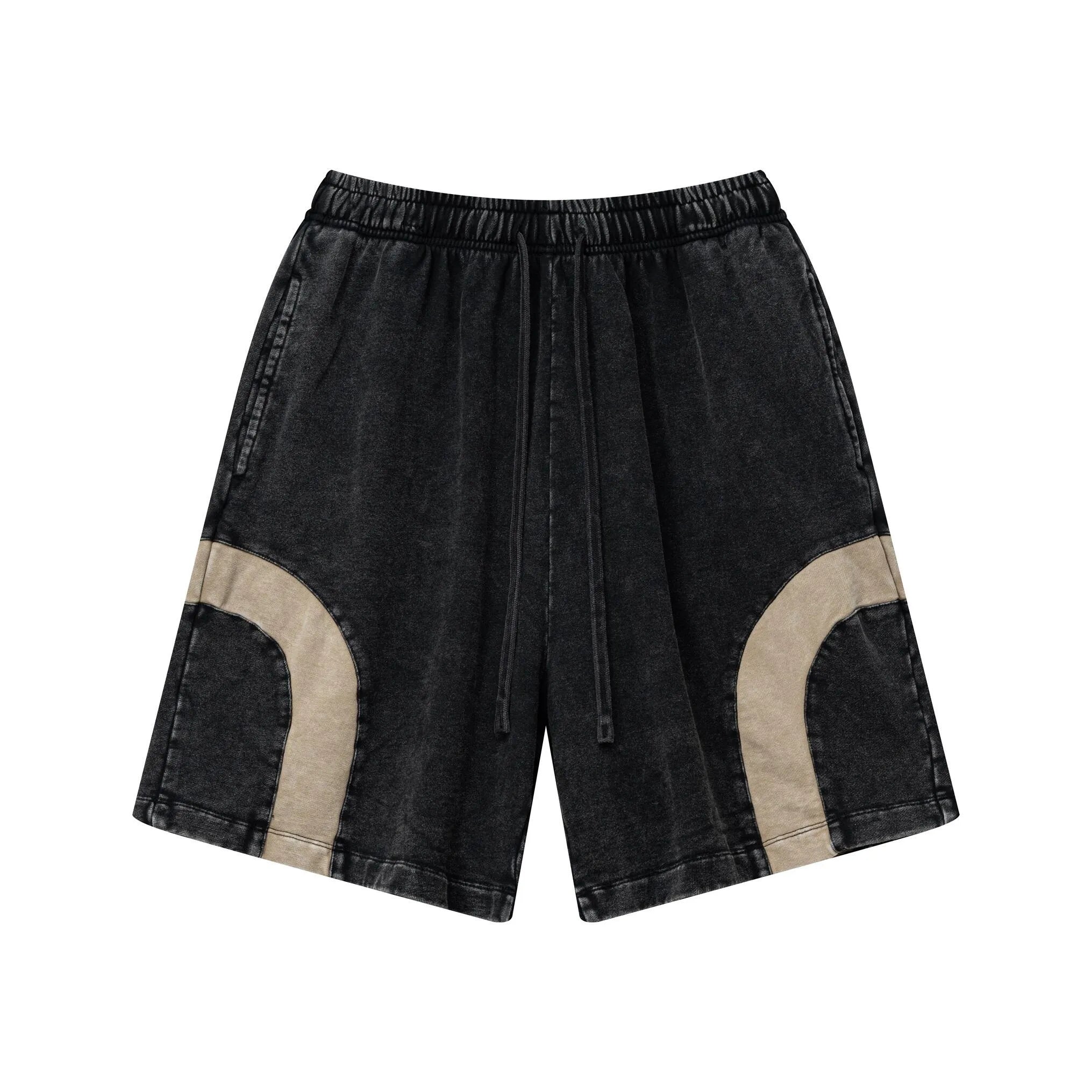 Black denim shorts with beige accents on a white background