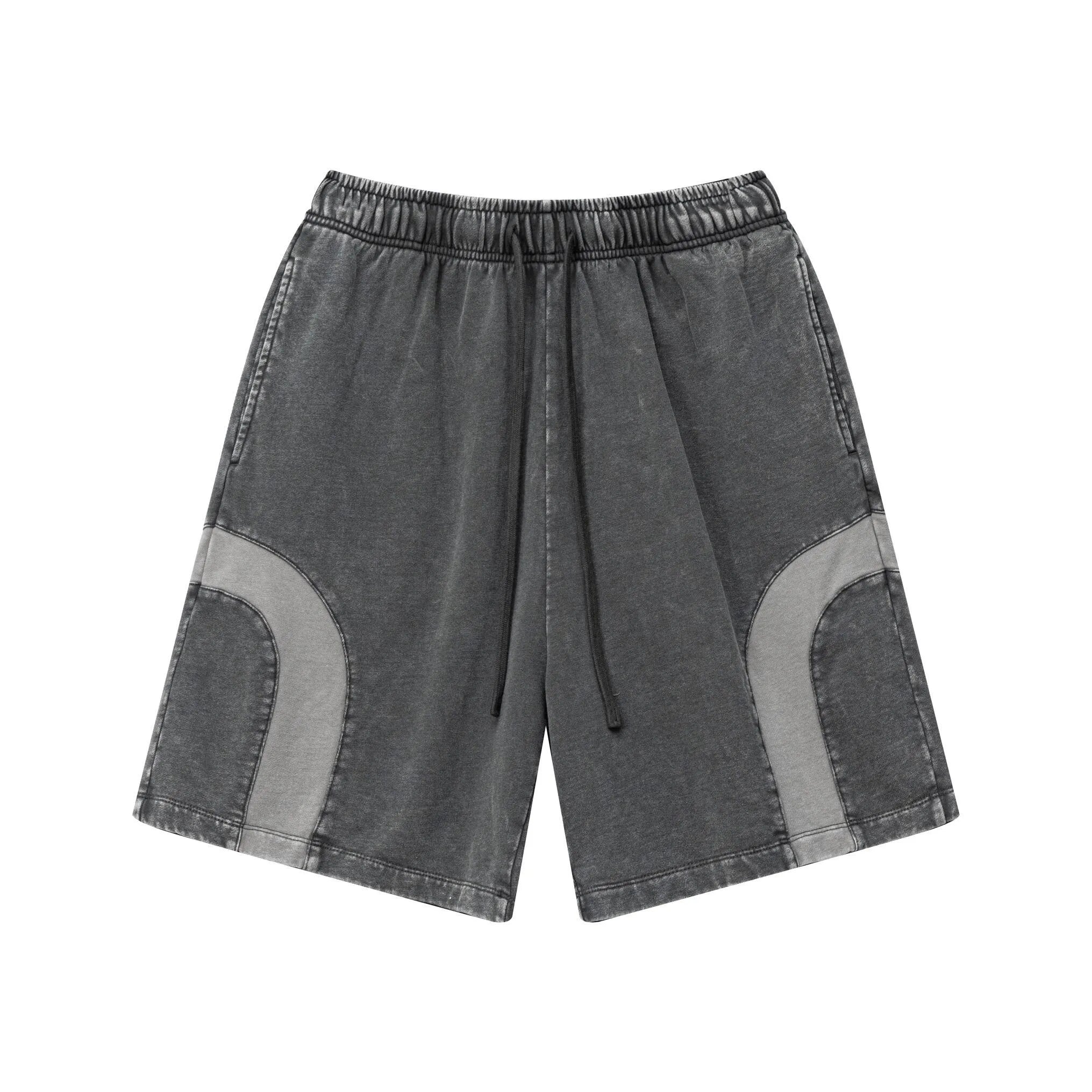Gray shorts with patchwork design on a white background