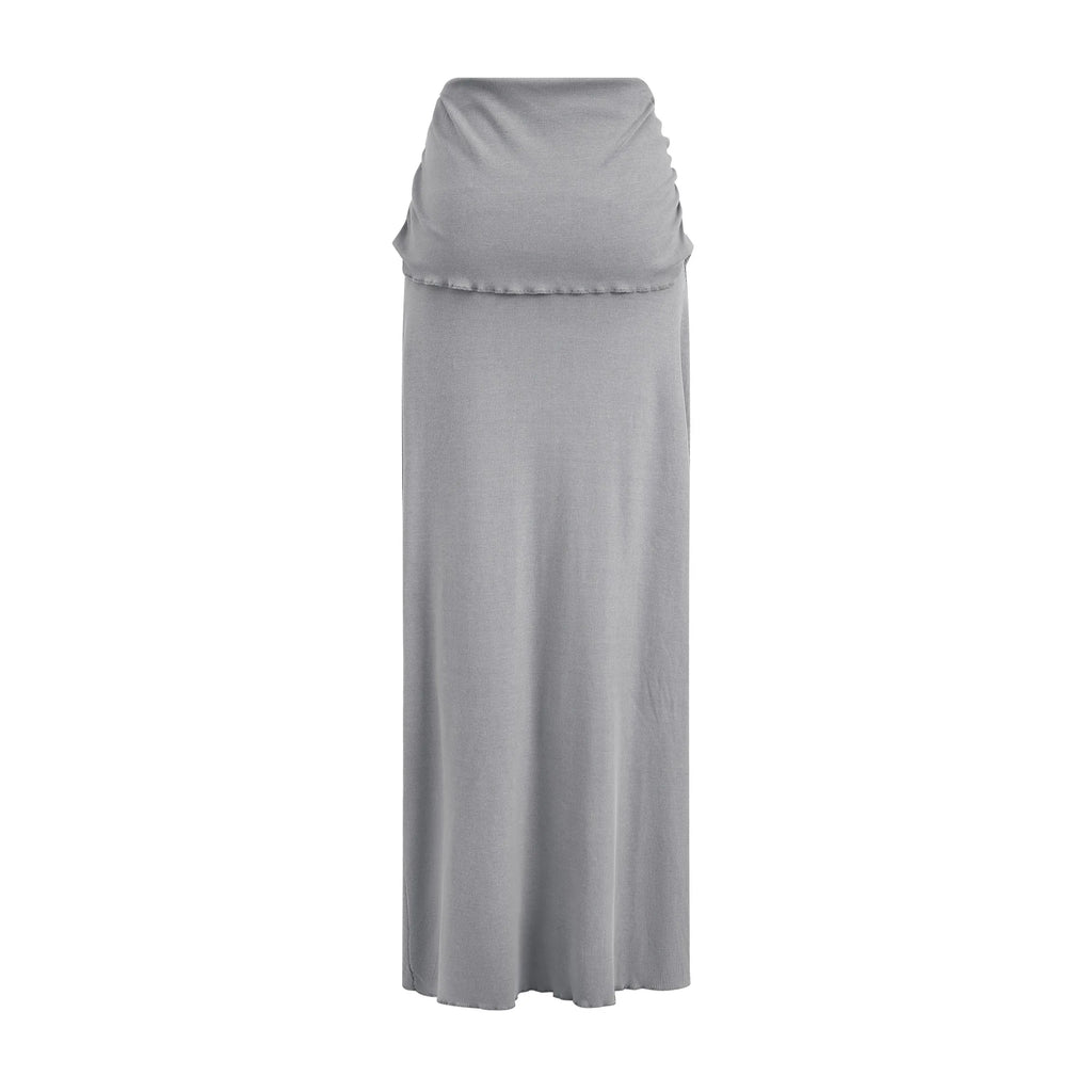 Gray long skirt with a ruffled top on a white background