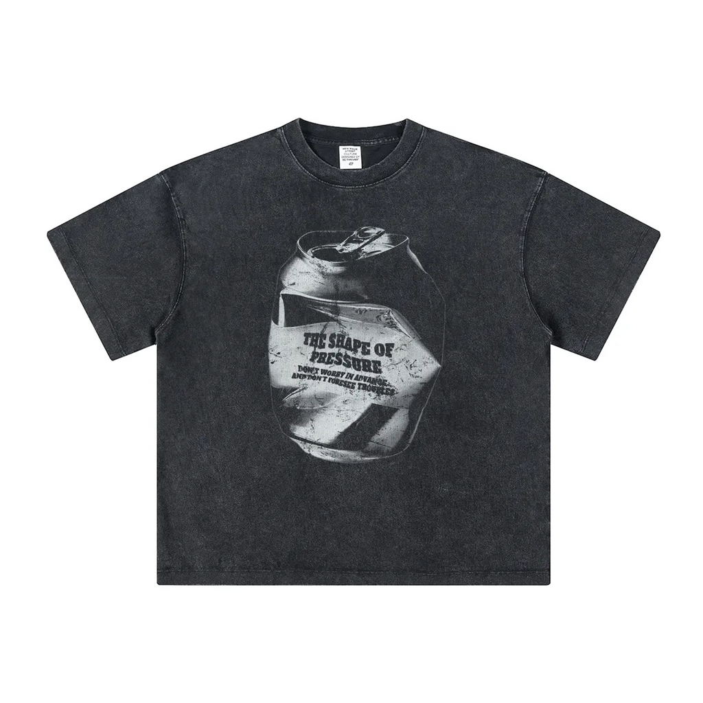 Black t-shirt with graphic design on a white background