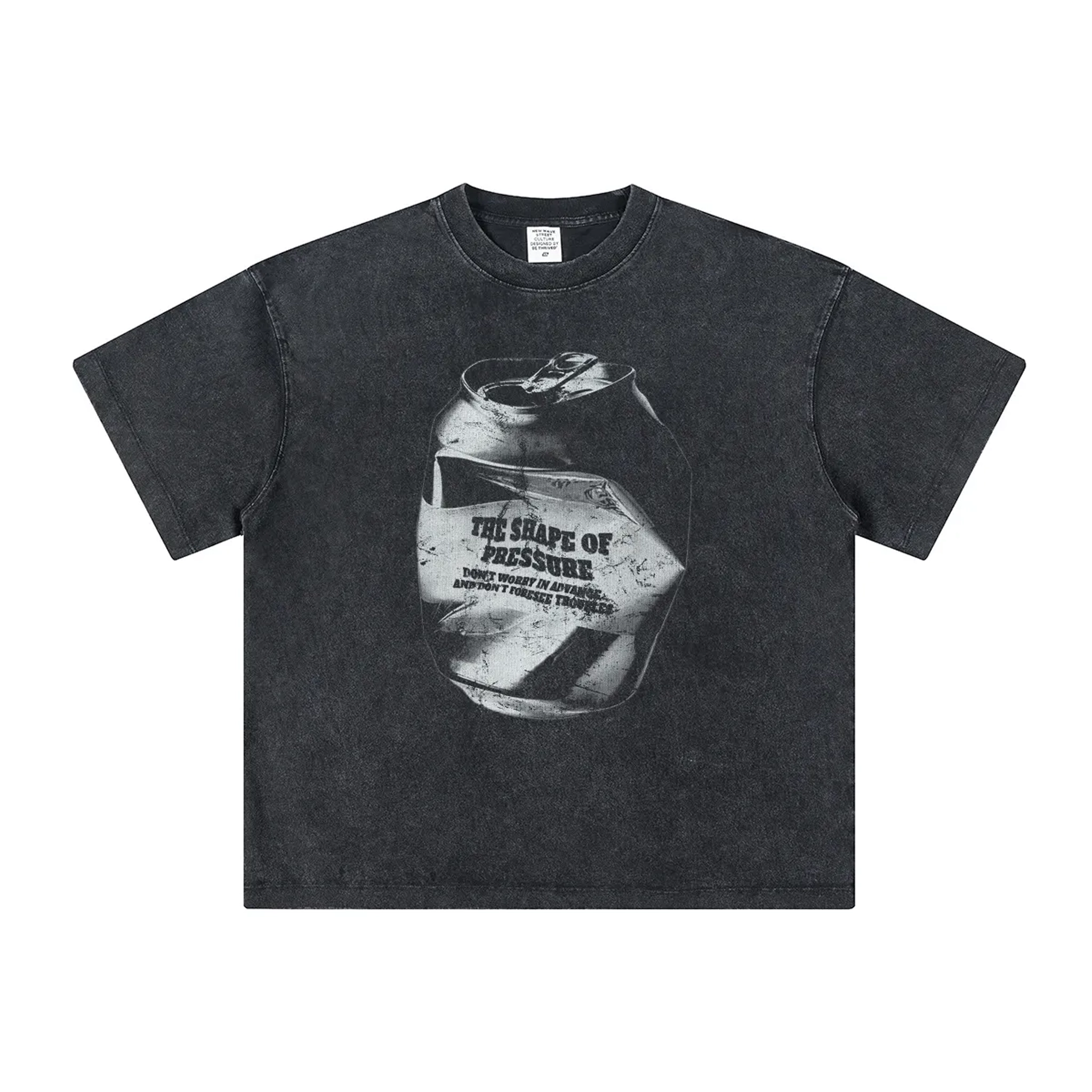 Black t-shirt with graphic design on a white background