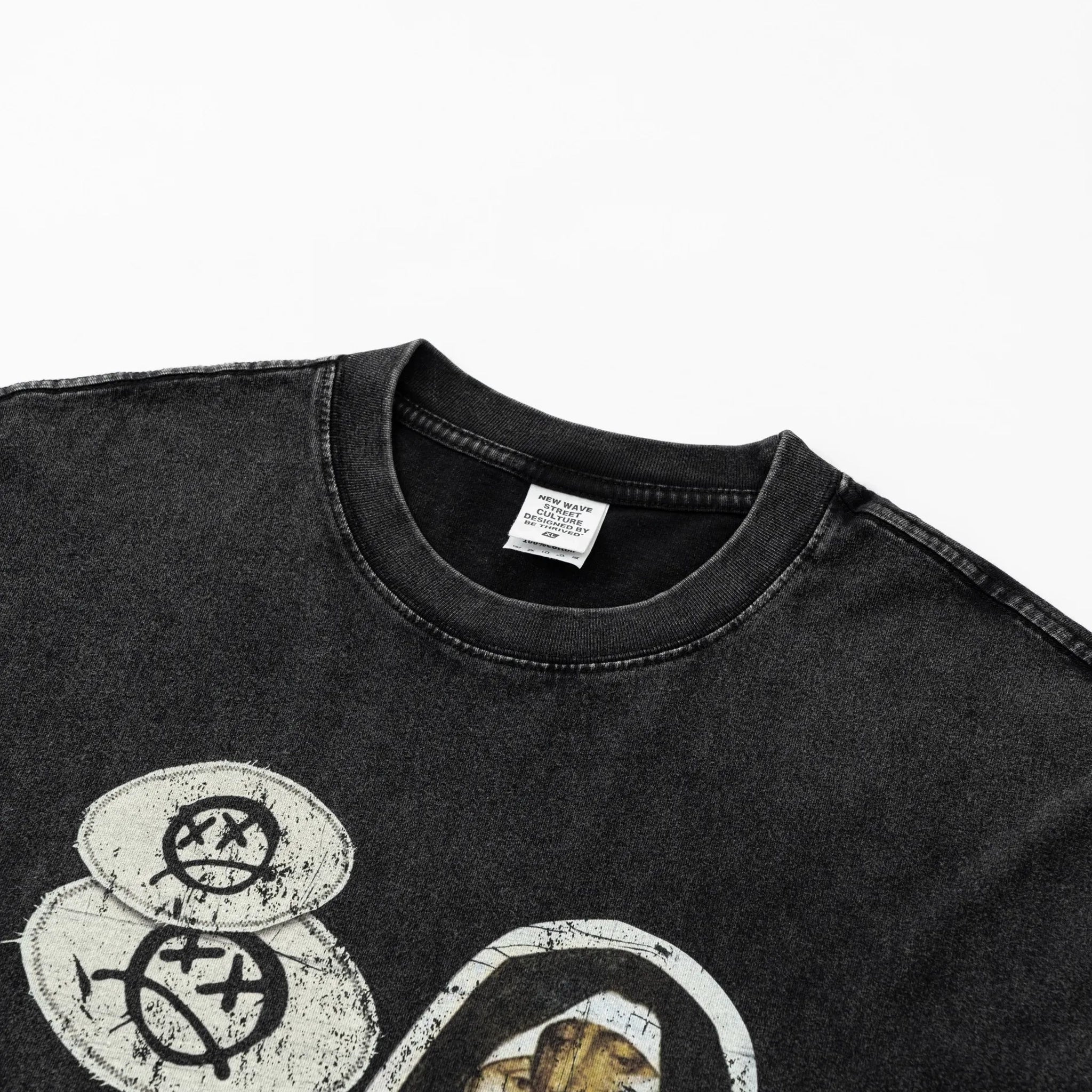 Black t-shirt with graphic design on a white background