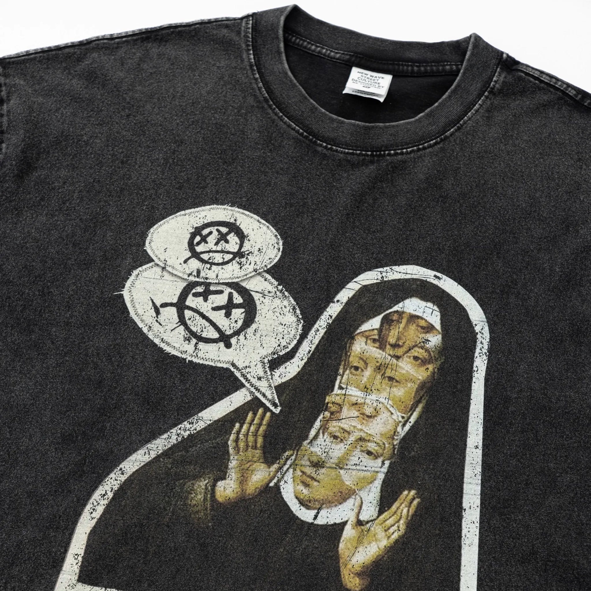 Black t-shirt with a graphic design of a religious figure and symbols on a white background