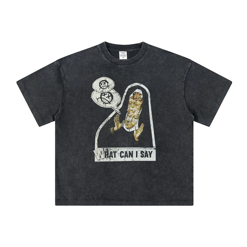 Black t-shirt with graphic design and text on a white background