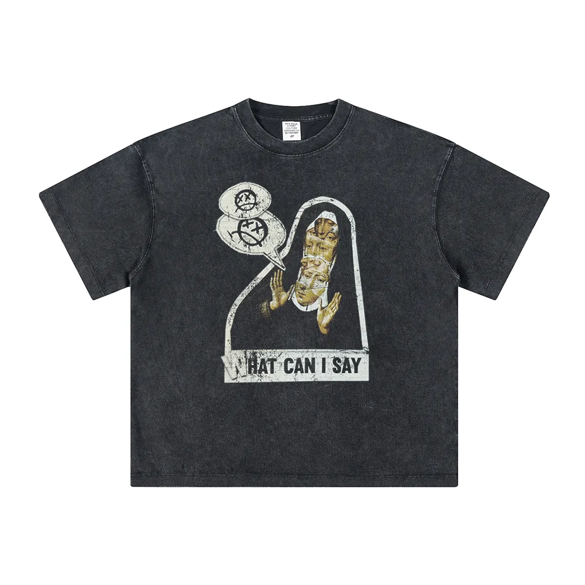 Black t-shirt with graphic design and text on a white background