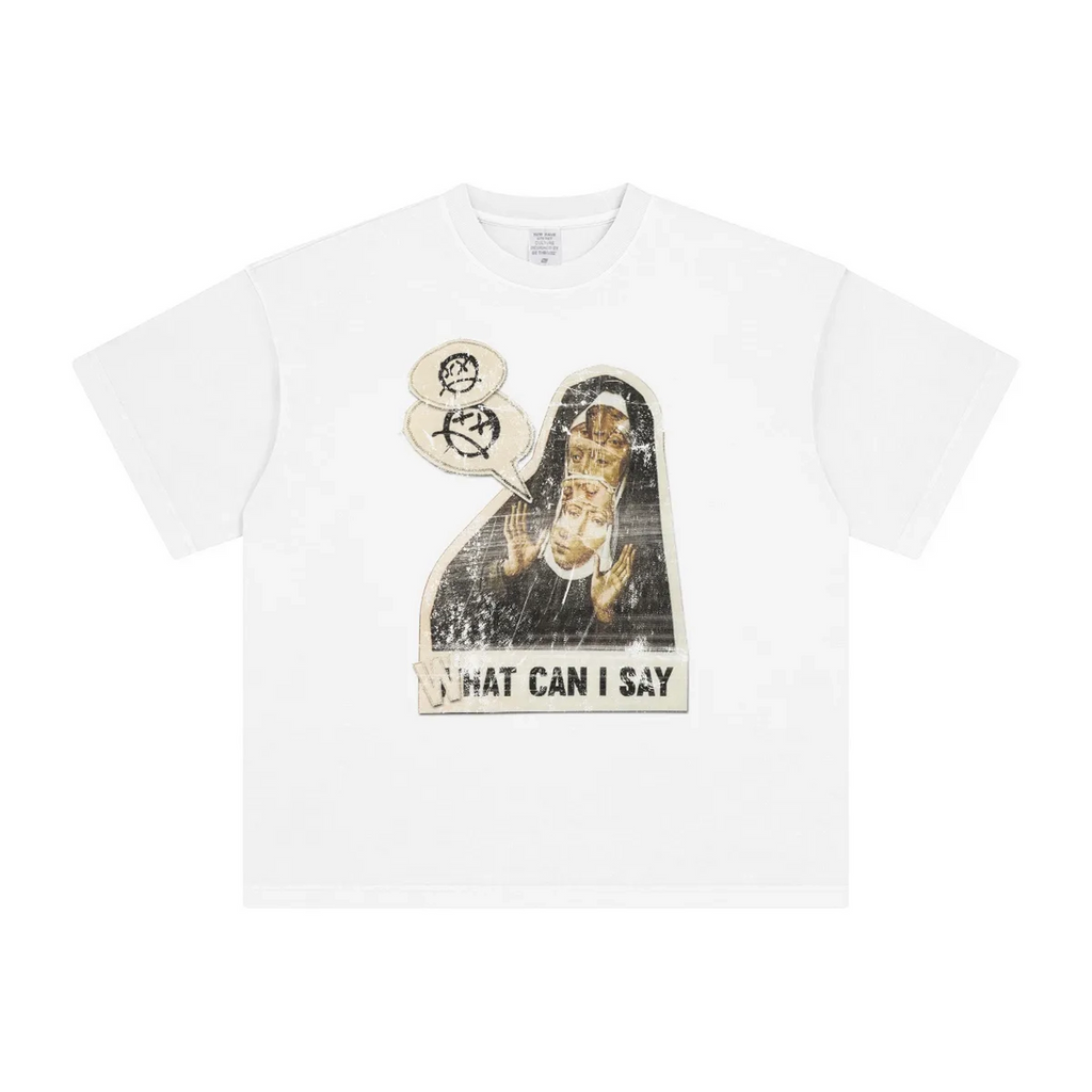 White t-shirt with graphic design and text on a white background