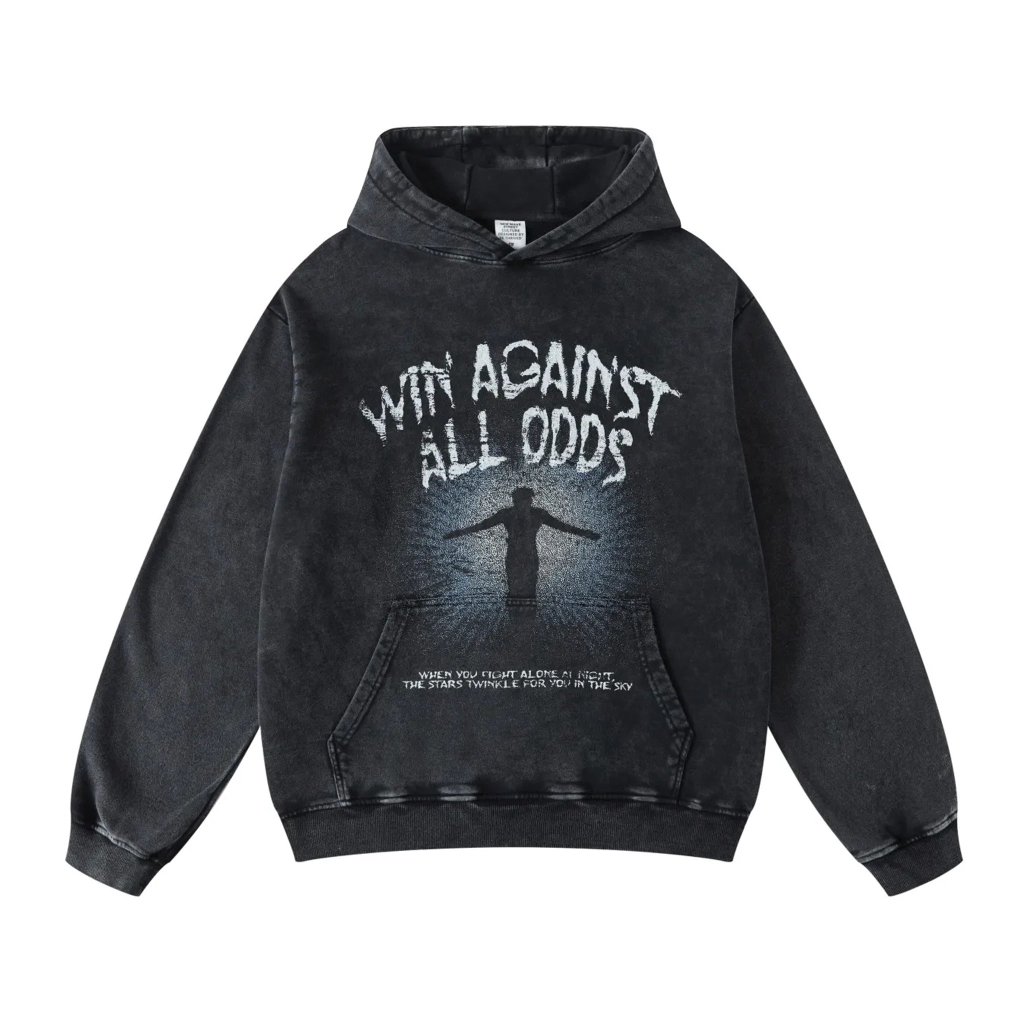Black hoodie with 'Win Against All Odds' text and silhouette design on a white background