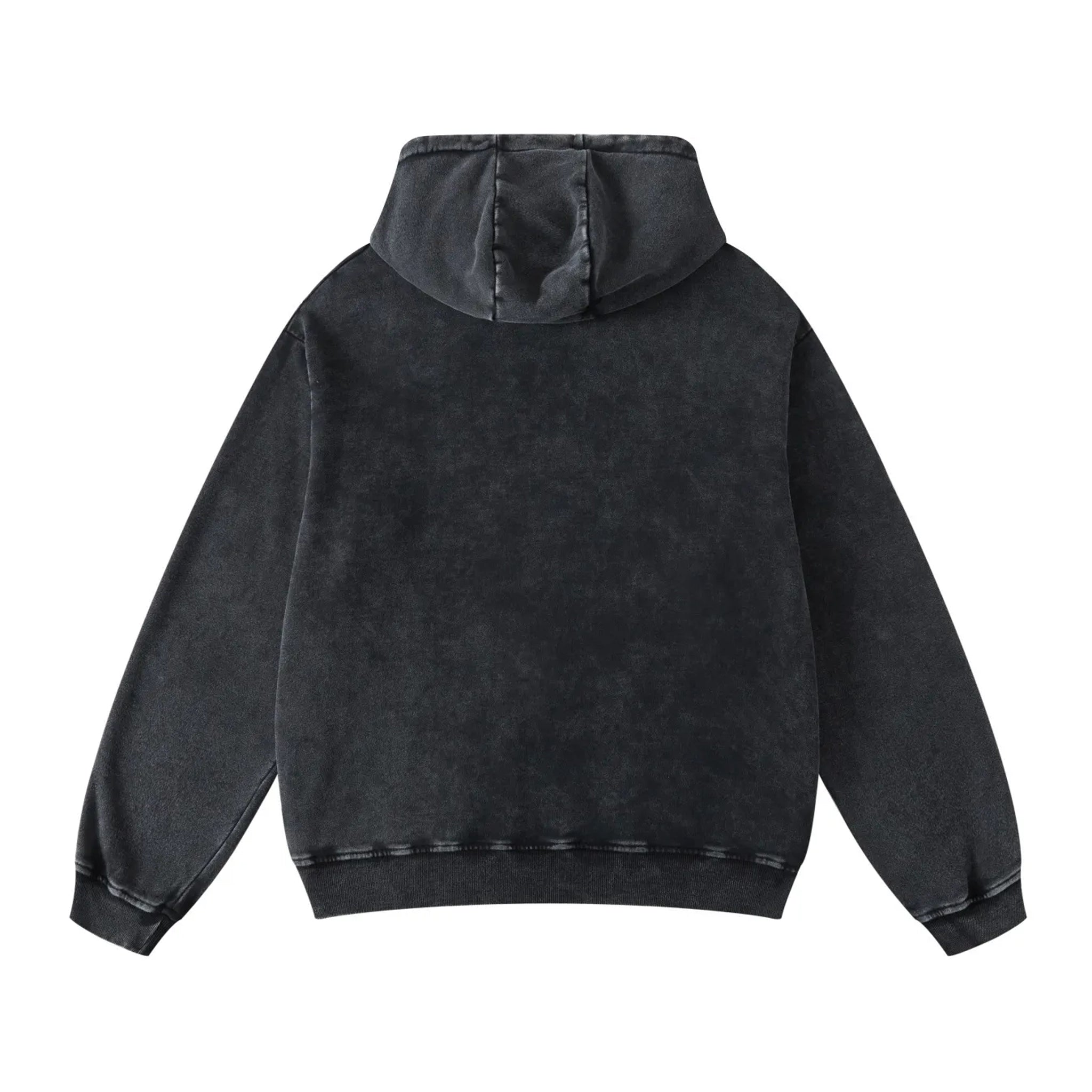Black hoodie shown from the back on a white background