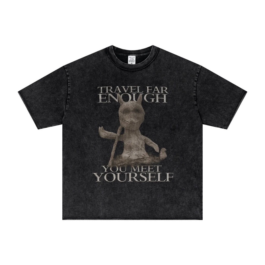 Black t-shirt with a graphic and text on a white background